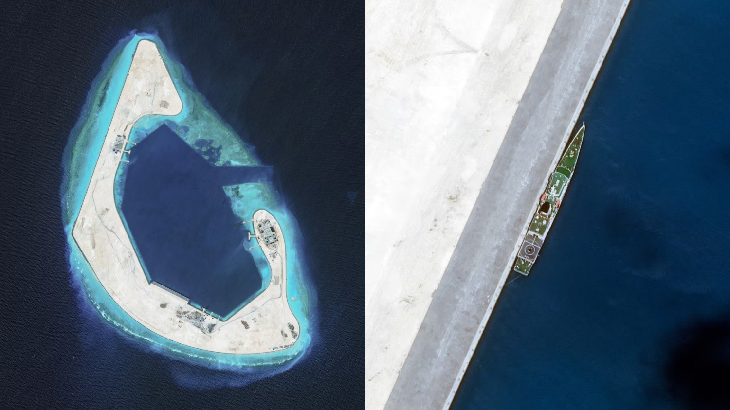 Left: Satellite image of Đá Hải Sâm (Antelope Reef), taken July 19, 2026. Right: A Chinese Coast Guard vessel anchored at the reef on July 8, 2026. Images: Vantor/Handout.