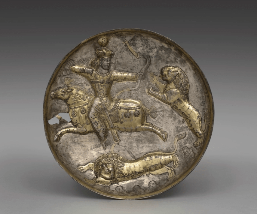 Sasanian silver-gilt dish with royal lion hunt, 400s–500s CE.