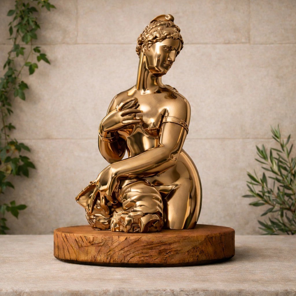 Golden sculpture of a seated woman touching her chest and resting her hand on a cloth with a carved face, on a wooden base