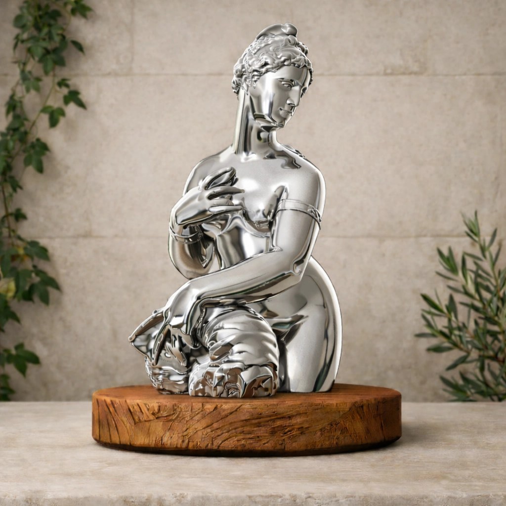 Shiny silver sculpture of a woman holding a floral object, displayed on a round wooden base with leaves in the background