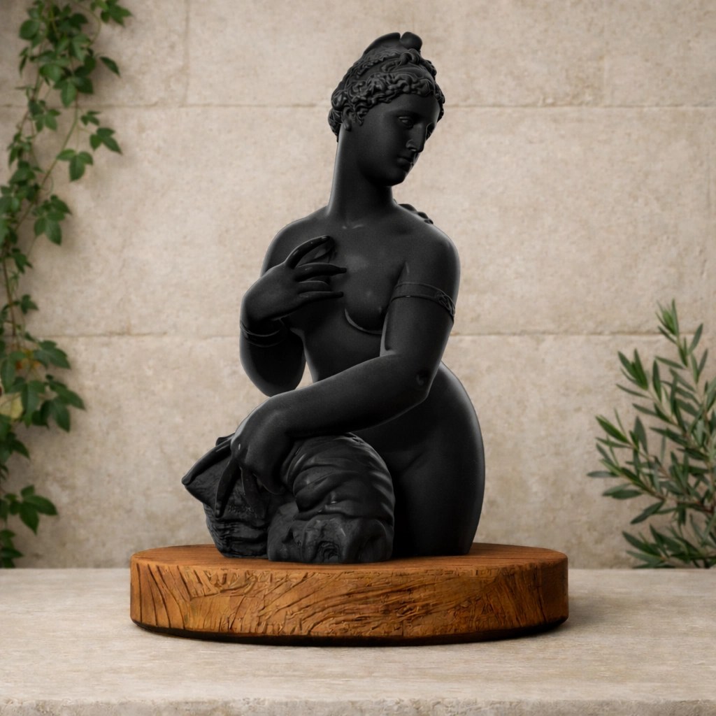 Black statue of a woman with one hand on her chest and the other holding a head, placed on a wooden base with a beige stone wall and green plants in the background