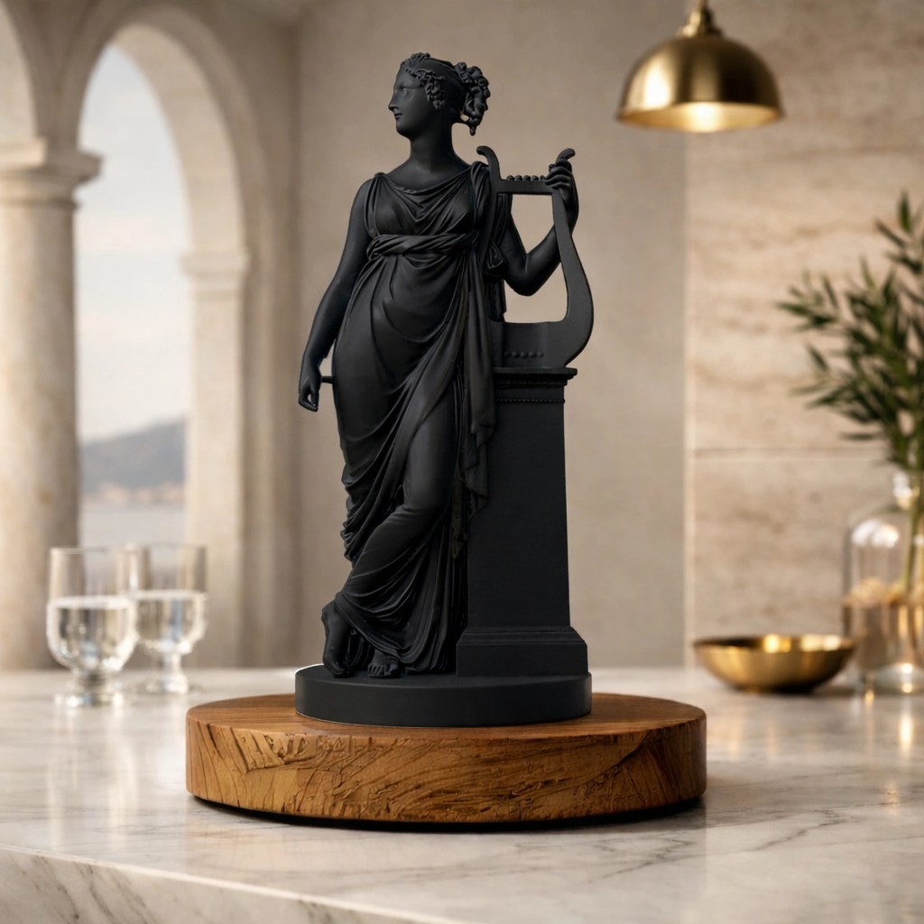 Black statue of a classical woman holding a lyre, standing on a wooden base on a marble surface indoors