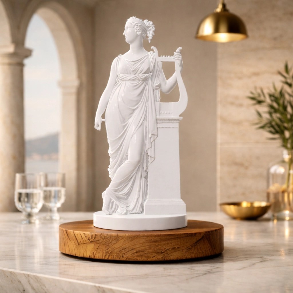 White marble statue of a woman in classical robes holding a lyre, on a wooden base, indoors with marble table and arched windows