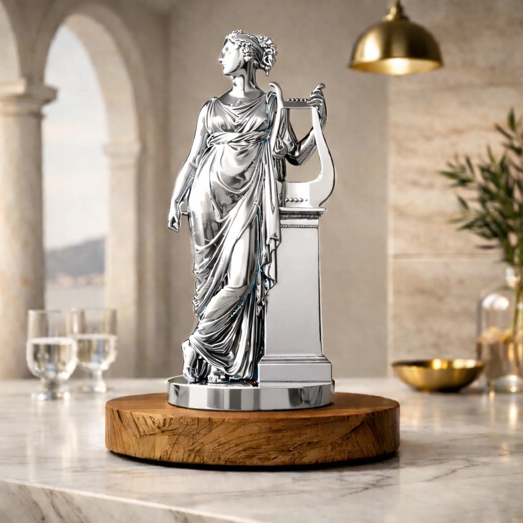 Silver statue of a woman in classical draped clothing holding a lyre on a wooden round base