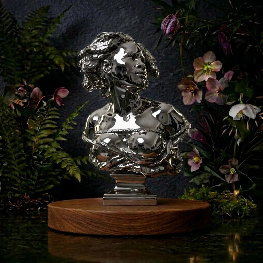 Shiny metallic bust sculpture of a woman with flowing hair on a wooden base surrounded by green foliage and pink flowers