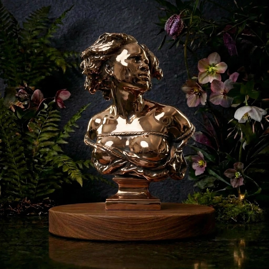Bronze bust sculpture of a woman with arms bound by rope, displayed on a wooden pedestal, surrounded by flowers and greenery