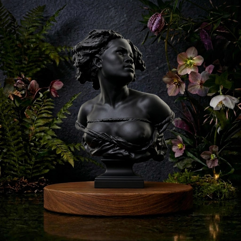 Black bust sculpture of a woman with braided hair and draped fabric, displayed on a wooden stand against a dark textured background with green ferns and pink flowers