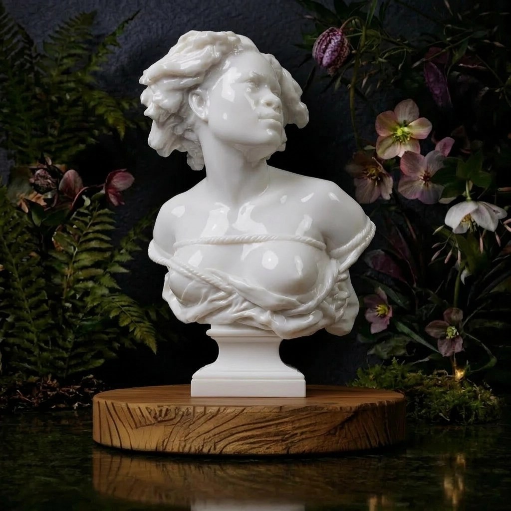 White marble bust sculpture of a woman with flowing hair and draped fabric, surrounded by green foliage and pink flowers