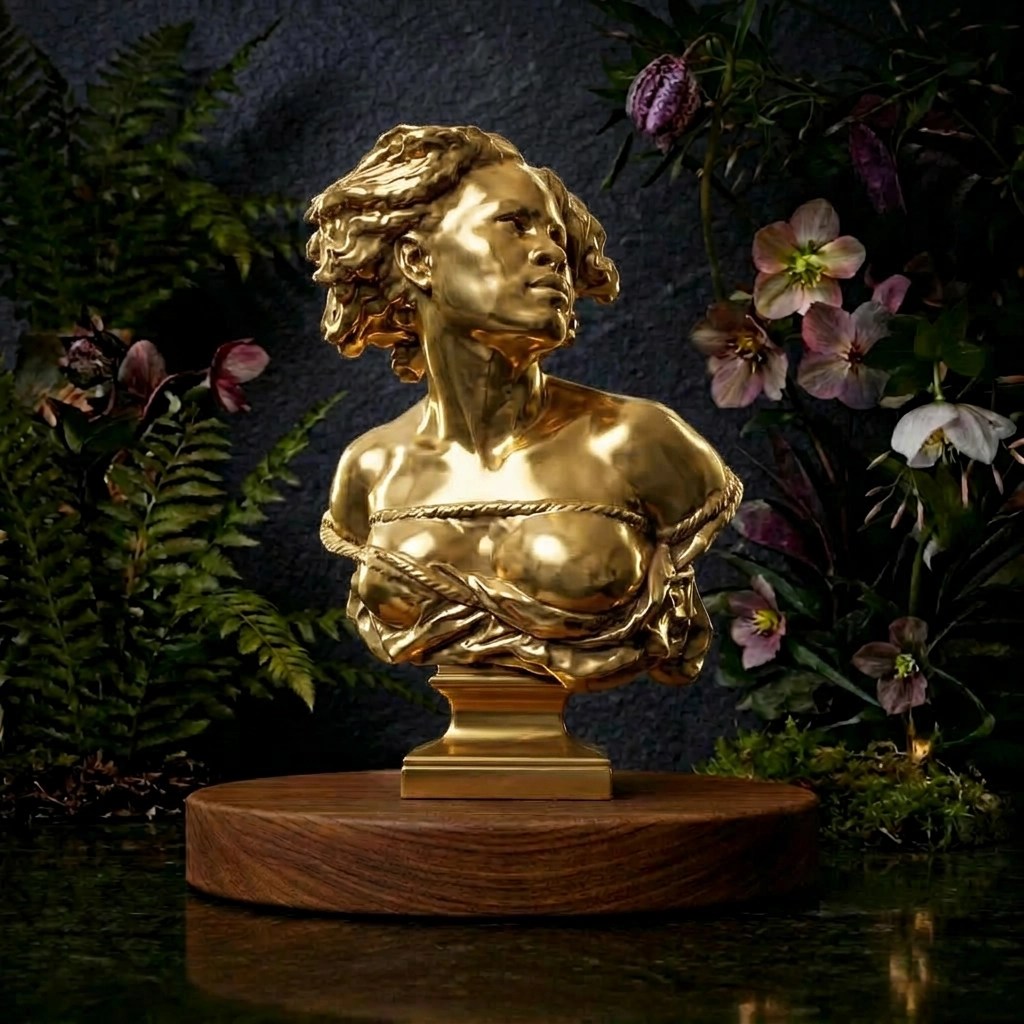 Golden bust sculpture of a woman with braided ropes, set on a wooden base with plants and flowers in the background