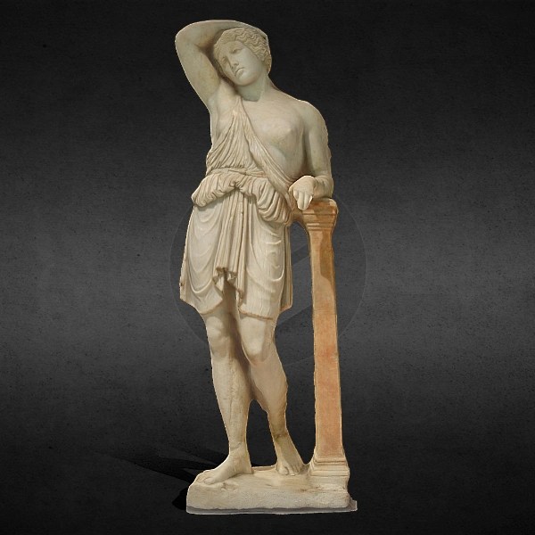 Classical marble statue of a standing woman leaning on a pillar, with one arm raised above her head
