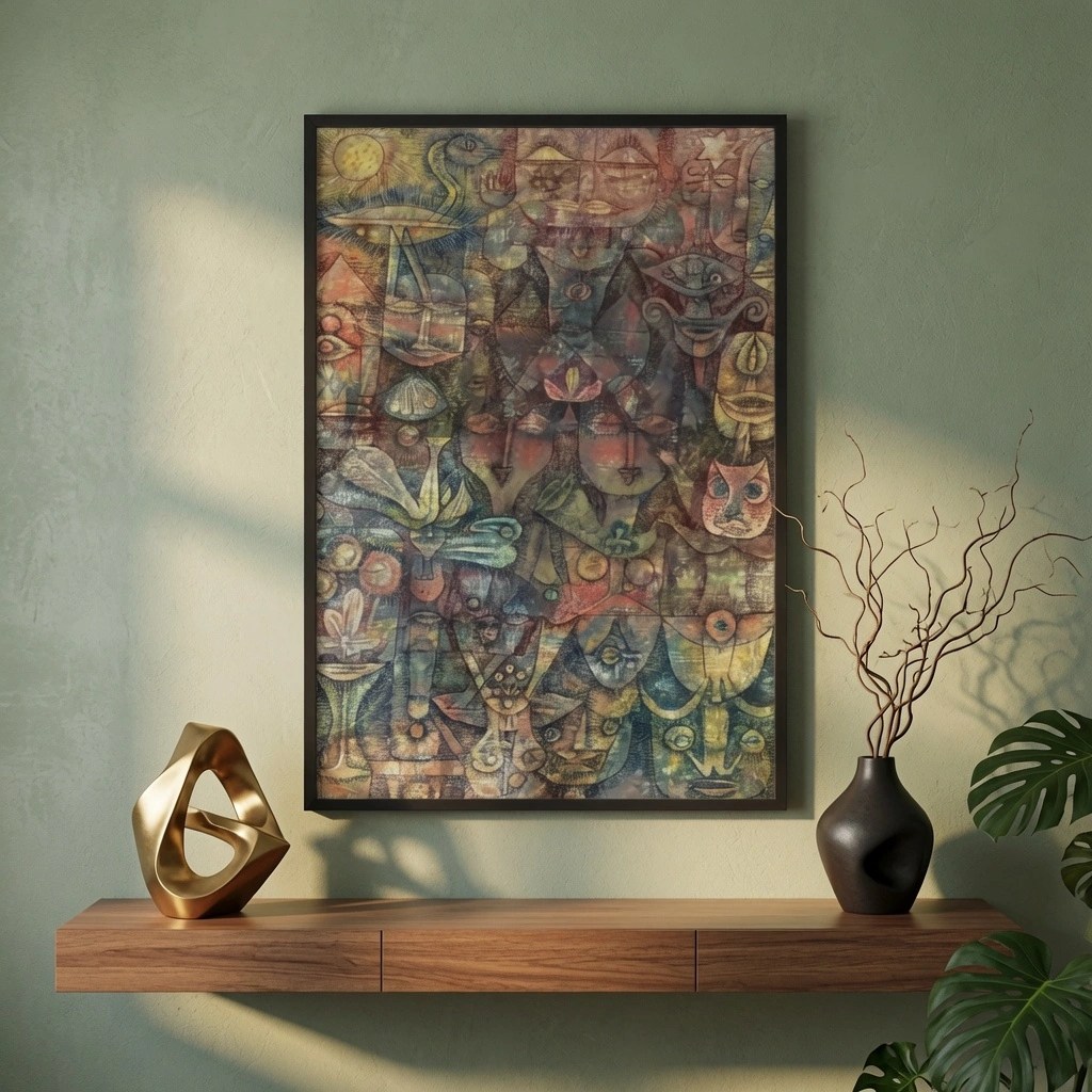 Framed poster with Surrealist art in a modern black frame