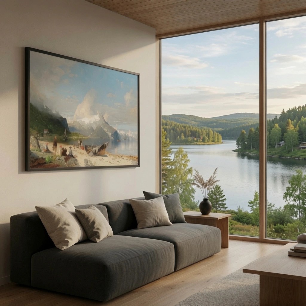 Framed poster with landscape motif in a light oak frame