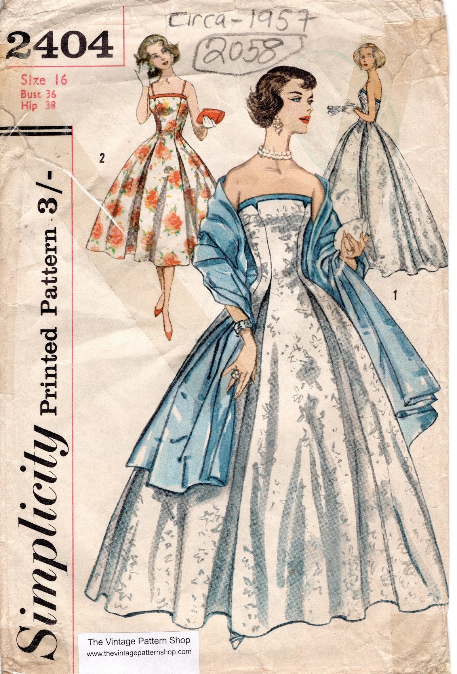1957 vintage sewing pattern b36" evening dress & stole (2058