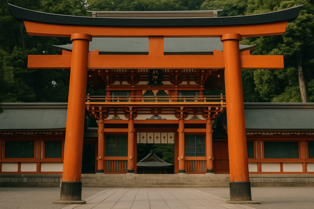 Shinto torii gate at sunrise