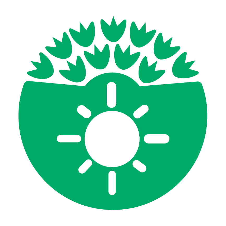 The Eco-Schools Energy icon (a white sun symbol on a green background with green flowers arrayed above it)