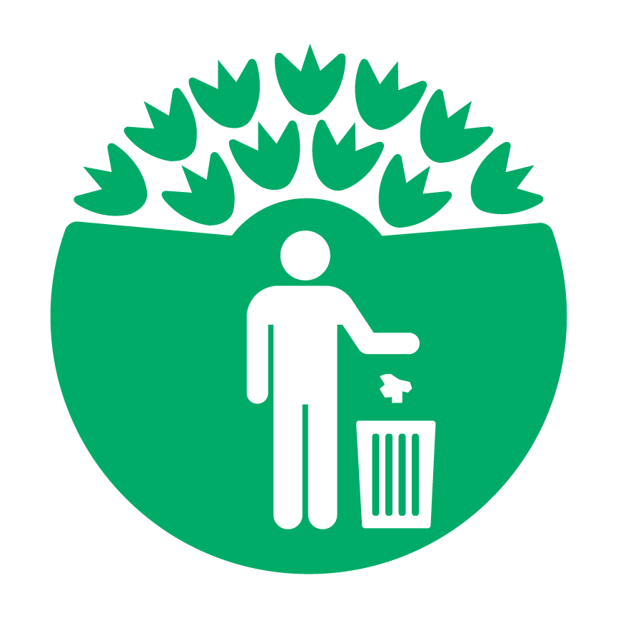 The Eco-Schools Litter icon (a white image of a person dropping litter into a bin, on a green background with green flowers arrayed above it)