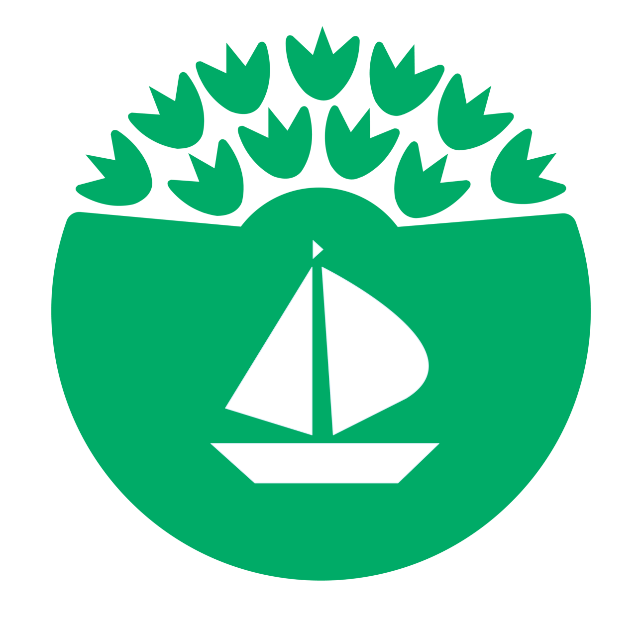The Eco-Schools Marine and Coast icon (a white boat on a green background with green leaves arrayed above it)