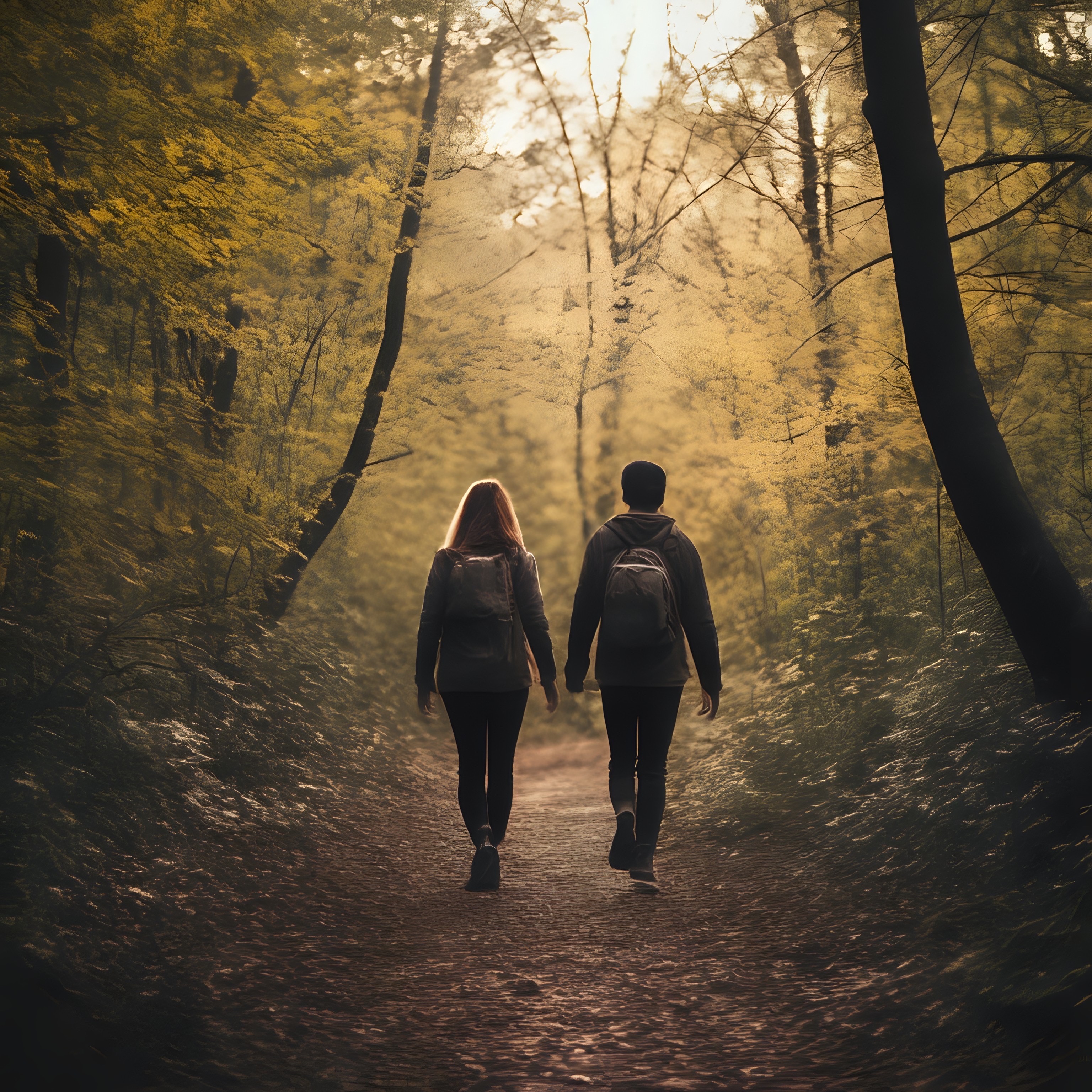 Two people walking in a forest