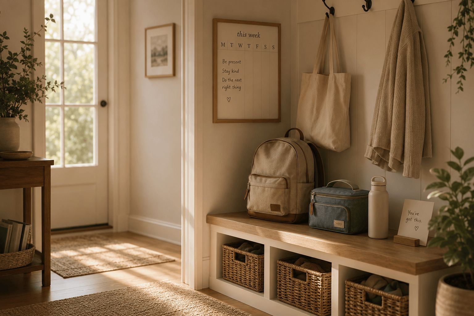 A calm, thoughtfully organized entryway designed to support everyday family routines.