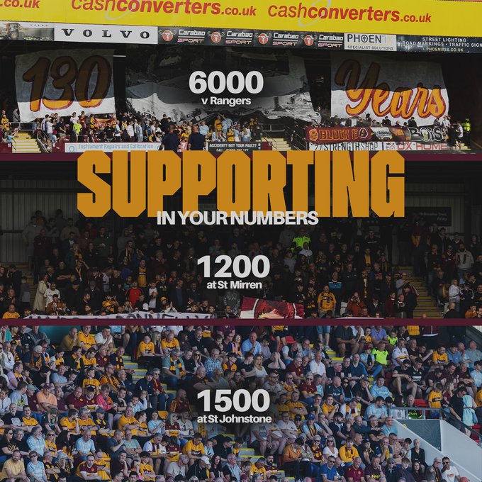 A photograph of the Motherwell support at games this season - 6,000 against Rangers, 1200 at St Mirren and 1500 at St Johnstone.