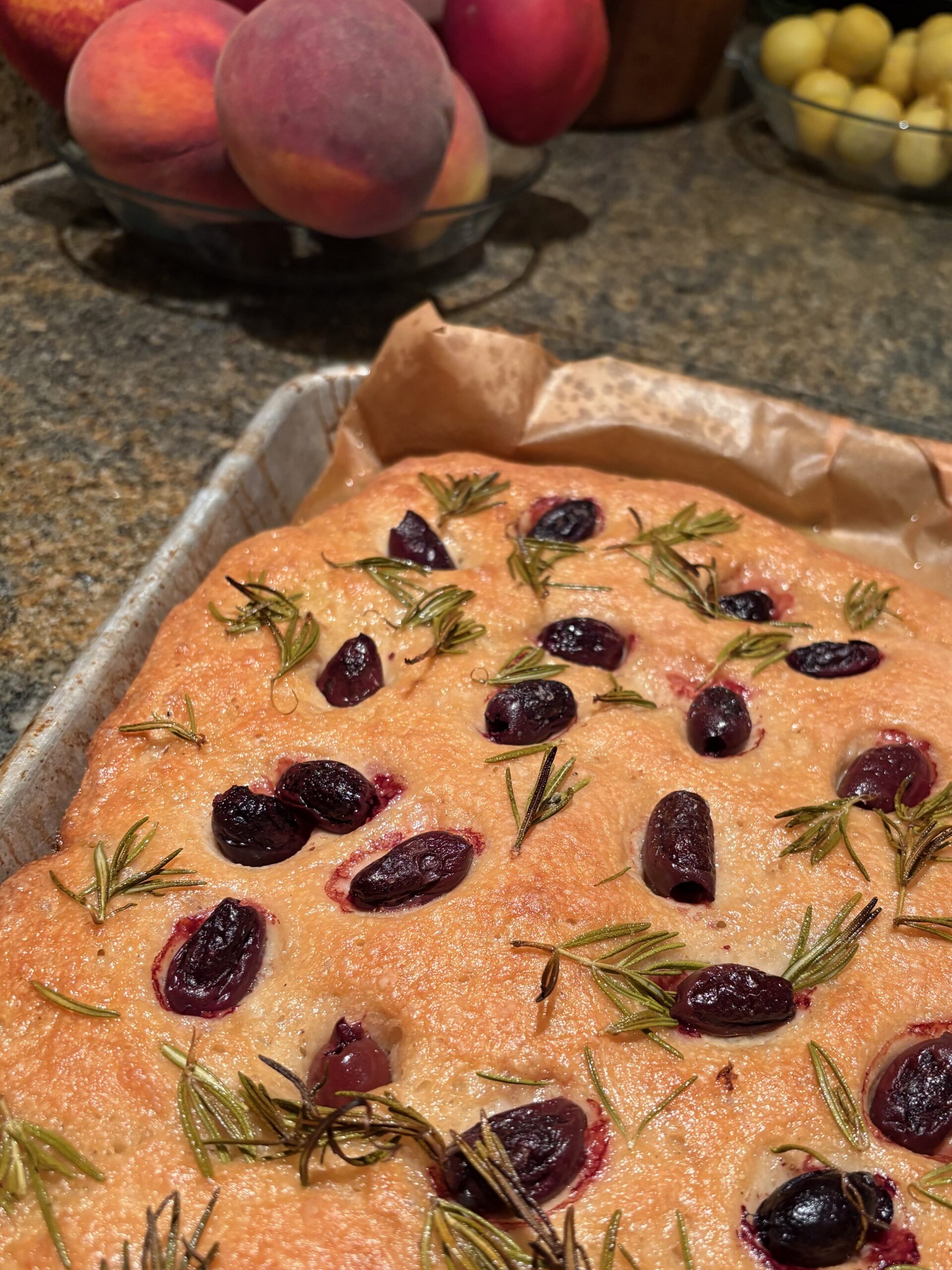 finished focaccia golden brown in pan