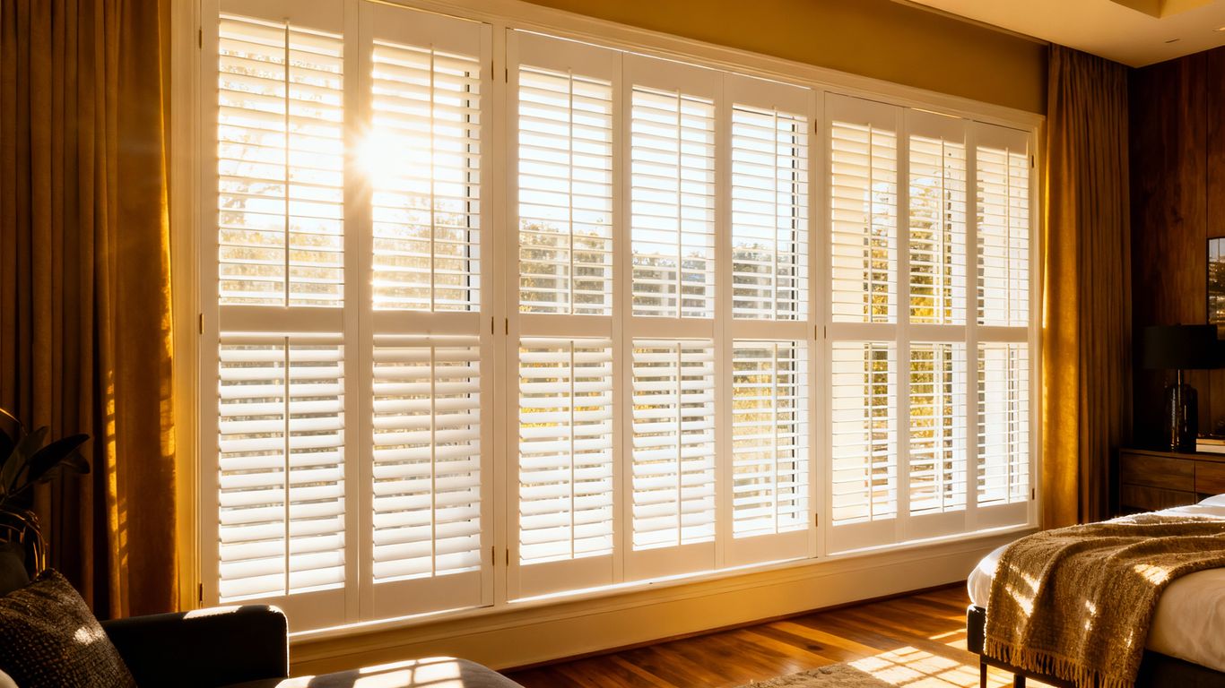 Newly installed white plantation shutters in a sunlit room.