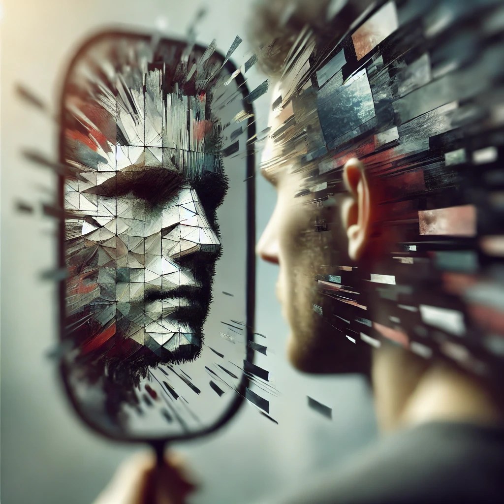 Man standing alone at a crossroads surrounded by signs reading self, society, and individualism, reflecting on modern identity