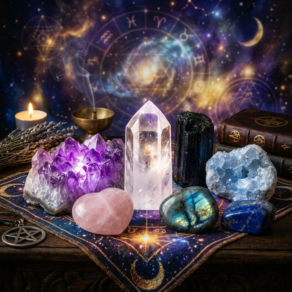 Various crystals and stones on astrology cloth with candles, books, and incense
