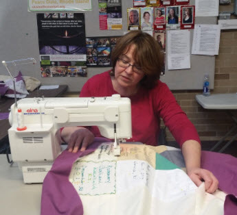 9. All the layers will be brought back to the sewing machine so that a running stitch can trace each square’s edges, both reinforcing the quilt’s strength and visual design.