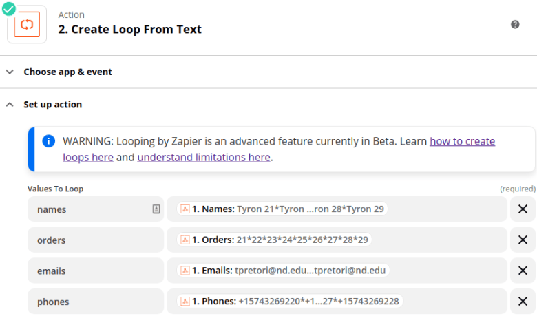 Zapier loop array action setup showing the inputs to this action
