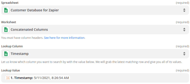 Using the timestamp from the webhook to lookup the spreadsheet row