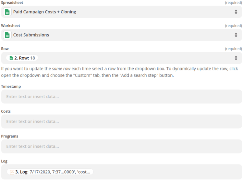 Update the Zapier nested looping log with the responses from the update Marketo program period costs requests
