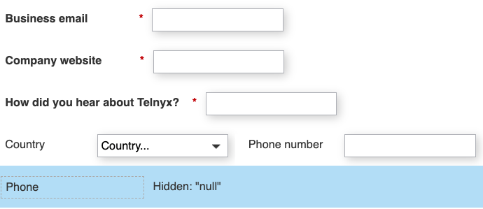 Screenshot of a Marketo form configuration showing the country extension field, number field, and the hidden phone field
