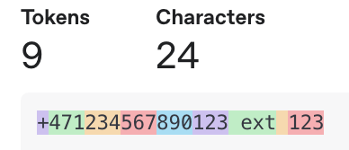 Screenshot of the number of tokens used by the longest possible E164 number