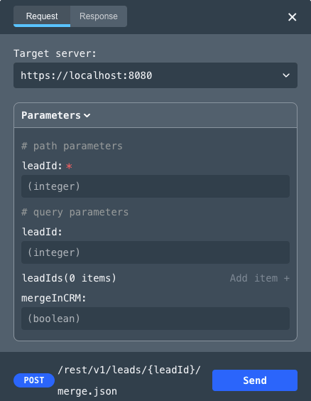 Screenshot of the Marketo API docs showing the configuration for the merge leads request
