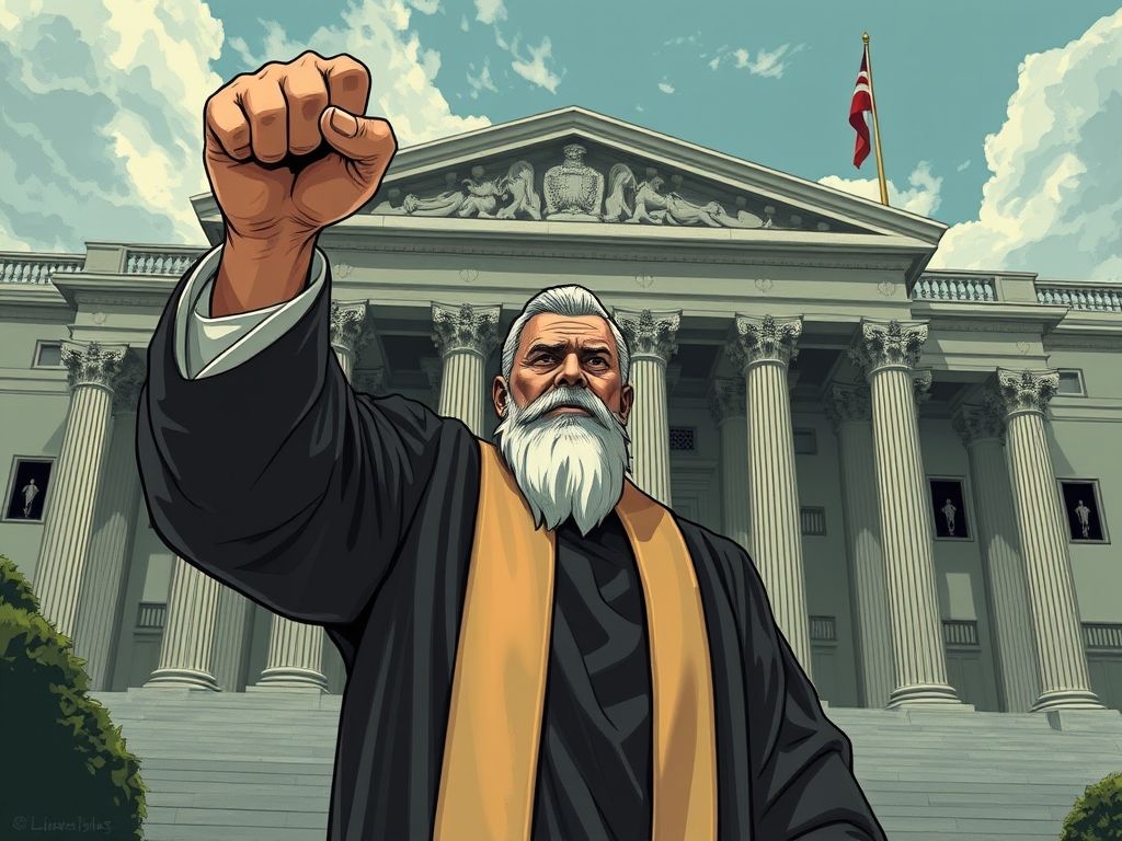a defiant judge holding a fist up outside of a courthouse