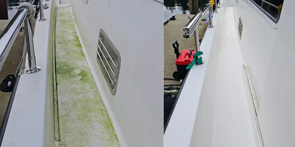 Heavily soiled hull mid-wash
