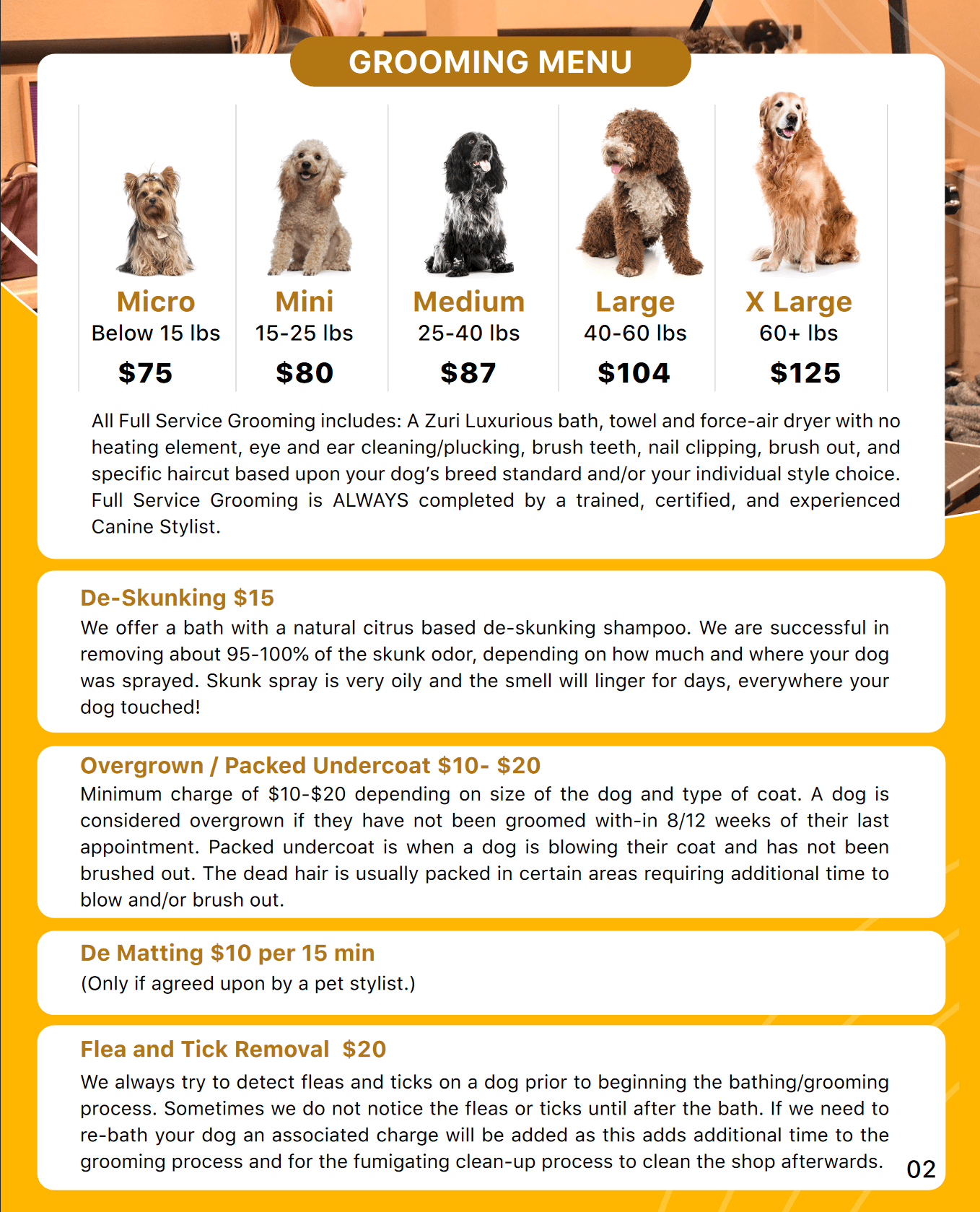 menu - the zuri pet spa on zuri pet spa owner