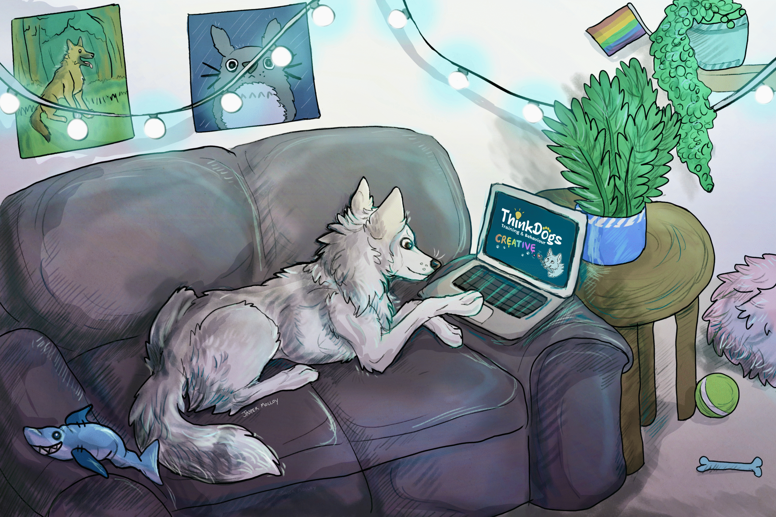 An illustration of Maya the white and grey husky mix laying on a sofa facing a laptop that is displaying the ThinkDogs Creative logo, while she is surrounded by items and decorations in the room.