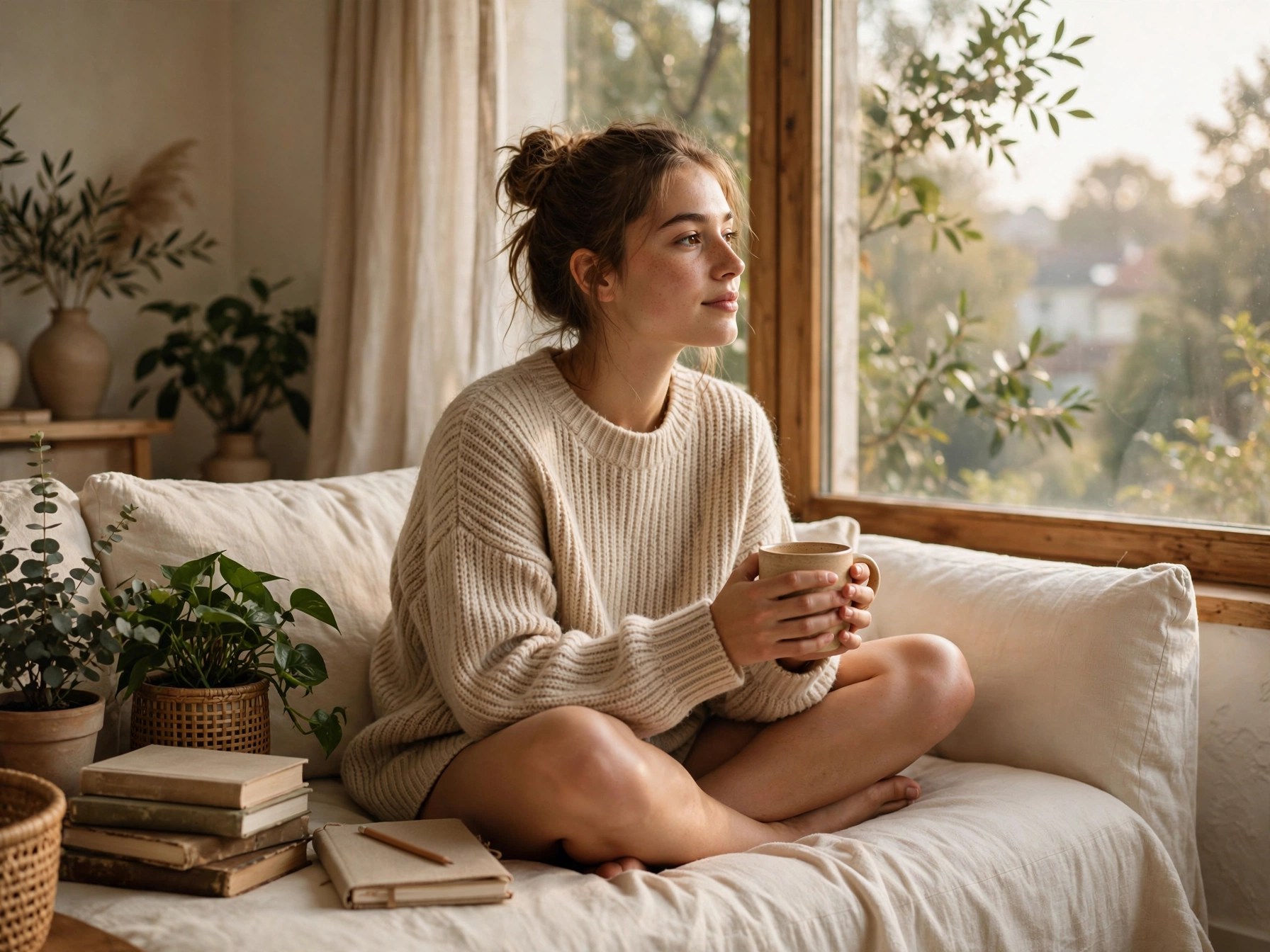 Thinking of Yours: A woman enjoying a slow, peaceful morning at home with coffee — representing the soft life movement away from corporate hustle culture