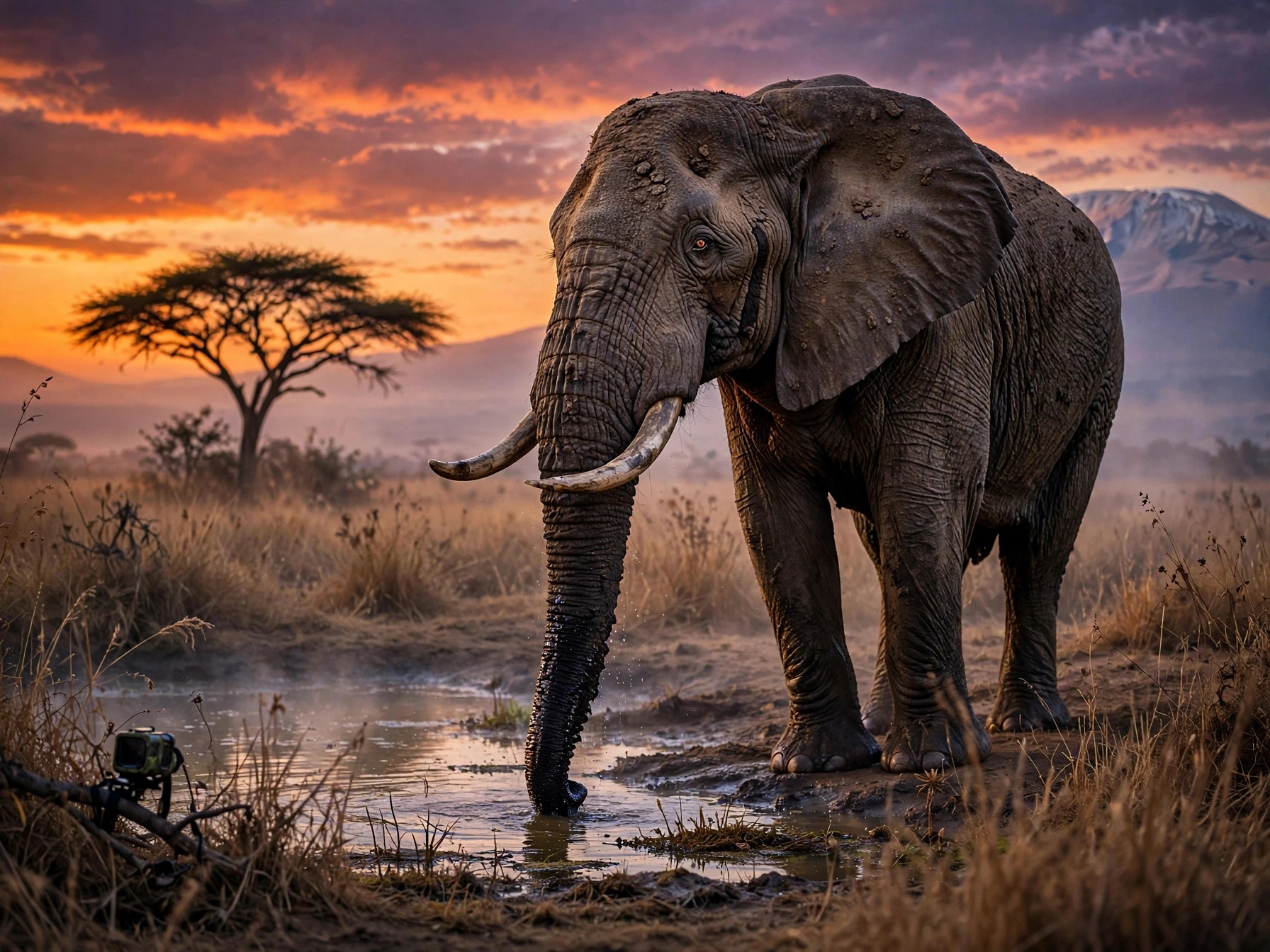 A massive African bull elephant standing alone at a misty waterhole at golden hour dusk in Amboseli National Park Kenya, with Mount Kilimanjaro faintly visible in the background and a hidden camera trap barely visible on a tree branch — representing wildlife animal research