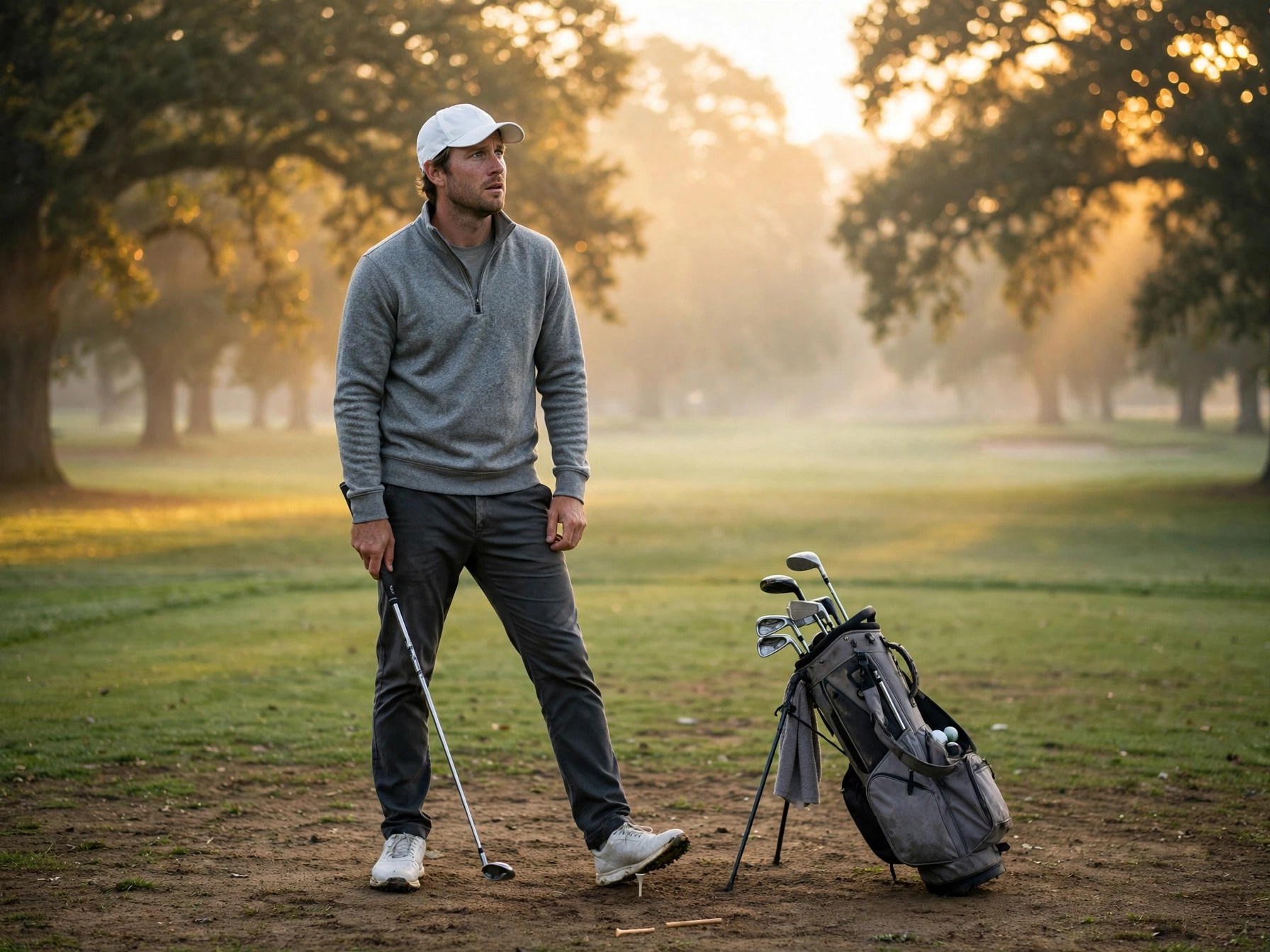 A beginner golfer standing nervously on the first tee of a public golf course at golden hour — starter clubs, imperfect stance, first round of golf