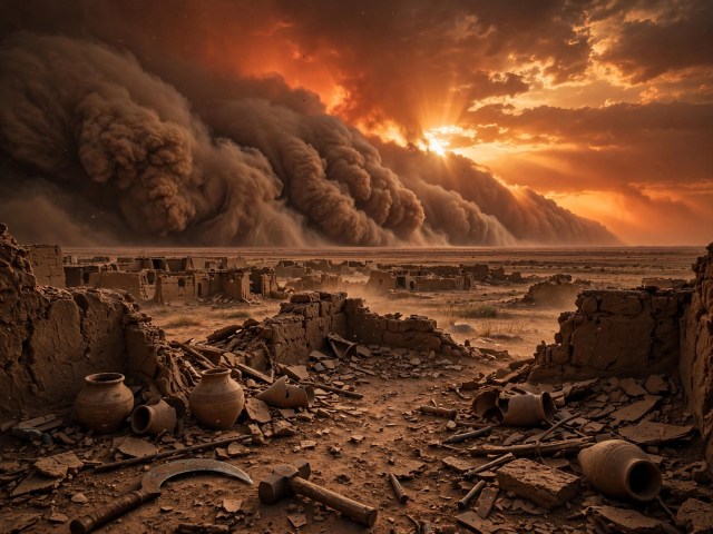 Massive ancient dust storm engulfing an abandoned Akkadian settlement during the 4200-year climate collapse event