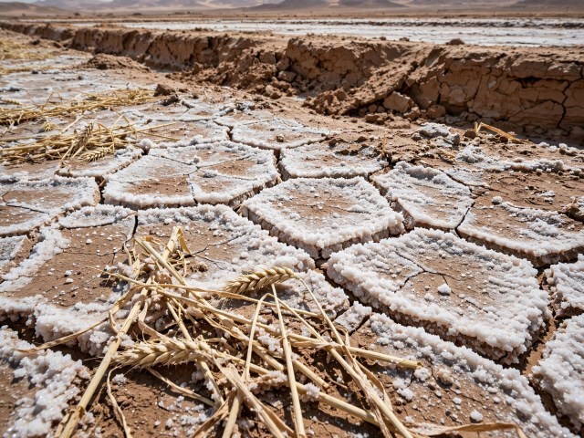 Salt-encrusted barren farmland in ancient Mesopotamia showing agricultural collapse due to irrigation salinity
