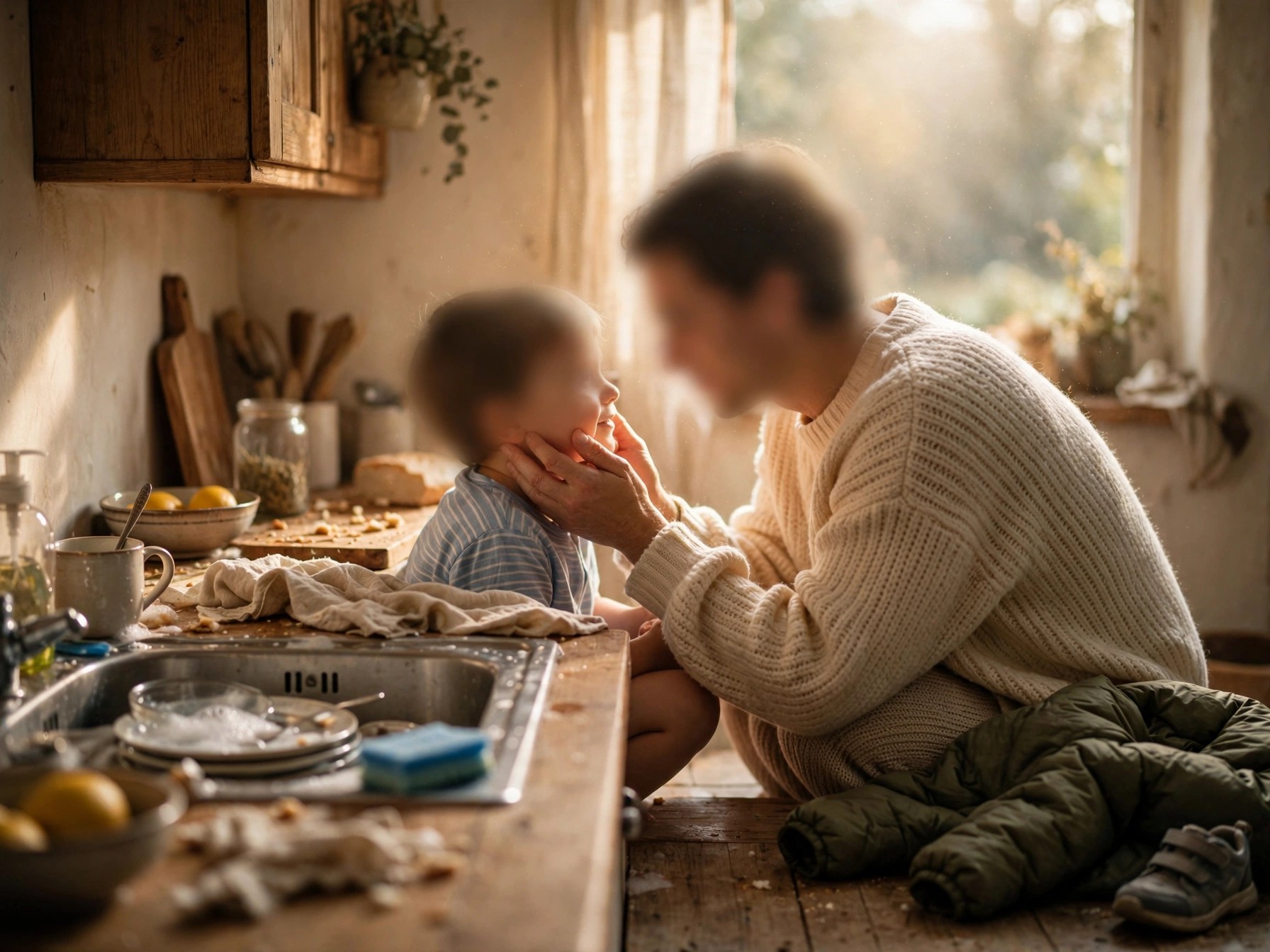 Thinking of Yours: A parent crouching down to look their child in the eyes in a warm kitchen — representing emotional presence over perfect parenting