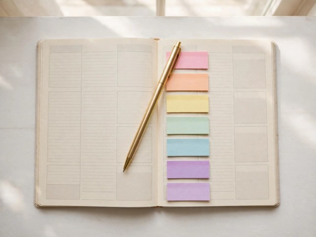 Thinking of Yours: An open planner with seven colorful sticky notes representing habits of highly effective people — inspired by Stephen Covey's book