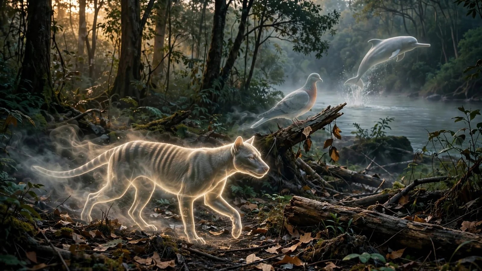 Ghostly silhouettes of extinct wildlife including the Thylacine and Passenger Pigeon fading into a misty ancient forest at dusk — representing lost wildlife of the last 100 years