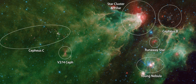 Cepheus C and surrounding star-forming regions as imaged by the Spitzer Space Telescope