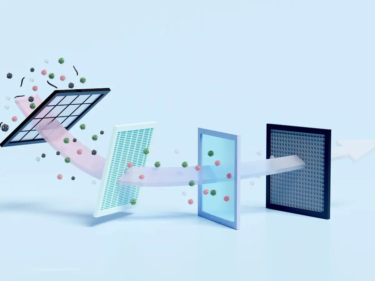 Illustration showing airborne particles passing through multiple air filters to explain MERV ratings, HVAC filtration, and indoor air quality protection.