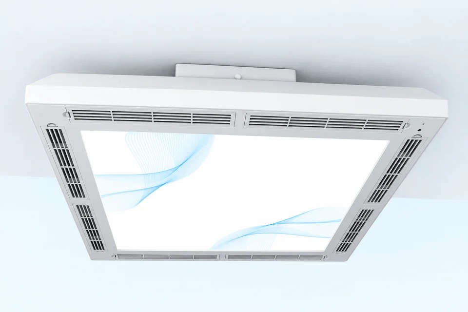 3D installation concept: Purilux below a solid ceiling with a small central mounting canopy between the ceiling and fixture